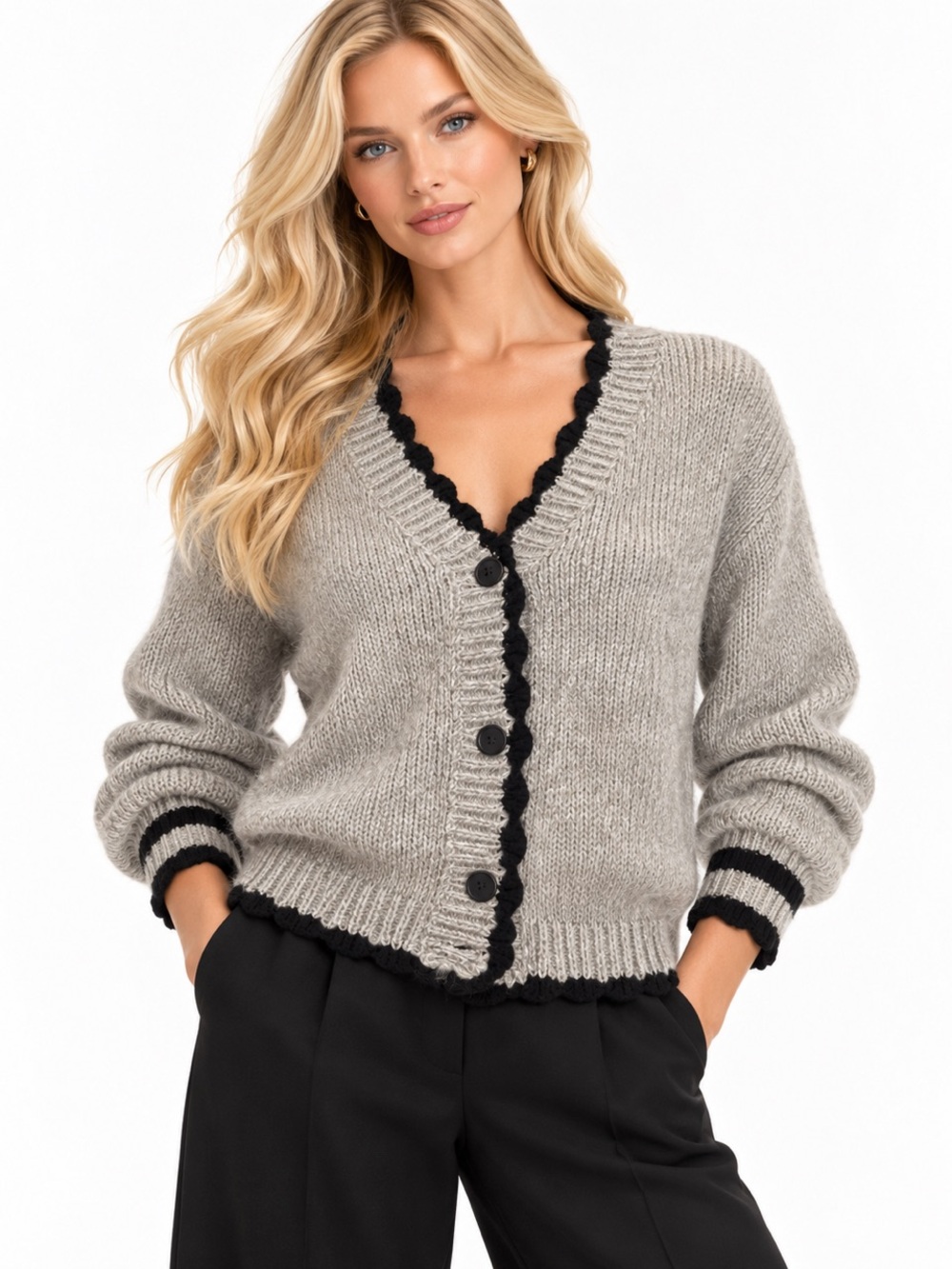 Alice + Olivia Gray Cardigan Sweater with Black Scalloped Trim